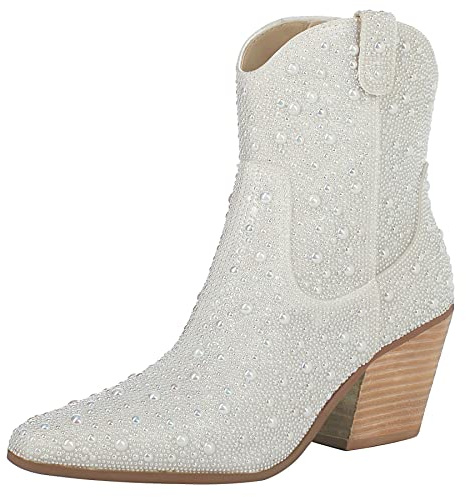FIFSY Women Rhinestone Cowboy Boots Glitter Chunky Heel Sparkly Cowgirl Ankle Boots