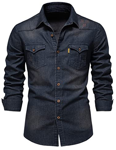 WINDEHAO Camisa de algodón de mezclilla para hombre, talla grande, 5XL, camisas vaqueras de manga larga, chaqueta casual con botones y dos bolsillos (azul marino, XXL)