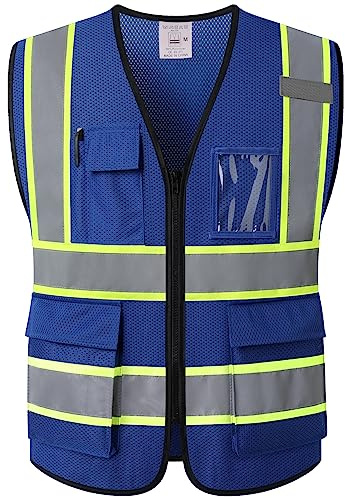 Kazsaifo Reflective Safety Vest for Men Women with 5 Pockets and Zipper Front High Visibility Mesh Vest Hi Vis Construction Work Vest,Meets ANSI/ISEA Standards(KZ177-Blue-L)