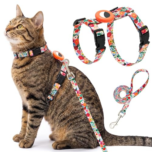 Arnés y Correa para Gatos a Prueba de Escape para Caminar, Viajar al Aire Libre, Bonito Juego de Correa Ajustable de Nailon Floral con Soporte para Airtag para Gatos pequeños y Grandes