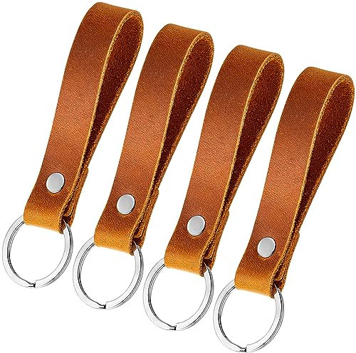 Nuenen 4 Stück Leder Schlüsselanhänger Metall Schlüsselring mit Lederanhänger Lederband Schlüsselanhänger Schlüsselbund mit Lederschlaufe Leder Schlüsselband mit Spaltring für Autoschlüssel (Braun)