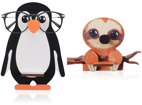 Betinyar 2 supporti per occhiali a forma di animale, con pinguino e bradipo, in legno, organizer per la casa