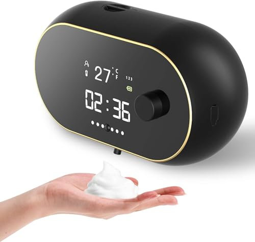 Distributeur Savon Automatique Mousse – sans Contact, Mural sans Perçage, avec Capteur & Affichage LCD, Rechargeable pour Salle de Bain & Cuisine (Noir)