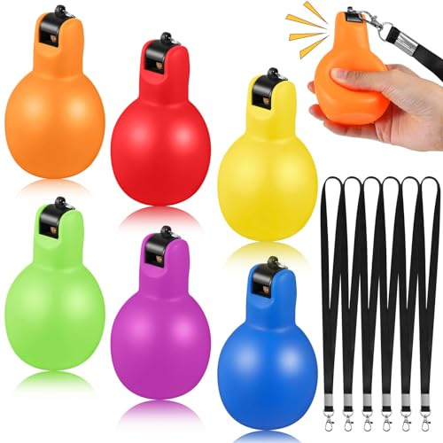 Rotatingpals 6 Pcs Hand Squeeze Whistles with Lanyards Multicolored Coach Whistle for Coaches Referees Handheld Sports for Indoor Outdoor Home Sports, Soft PVC (Multicolor)