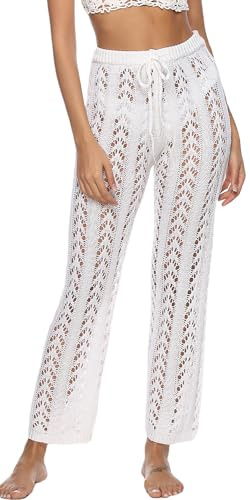 FEOYA Pantaloni Estivi all'Uncinetto da Donna Spiaggia Pantaloni Copricostume Lavorati a Maglia per Trasparente Bikini Pantaloni a Ret Bianco L