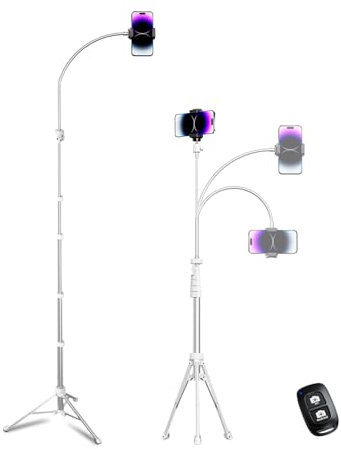 Aureday Handy Stativ 225cm Mit 38cm Flexibler Schlauch, 360° Drehbar, Bluetooth Fernbedienung Und Halterung Für iPhone, Android-Handys Und Kameras (Silber)