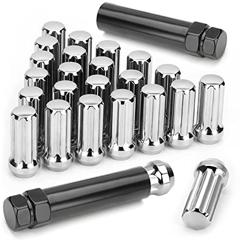 Aisuoka ÉCrous de Roue M14 X 1,5, 24 PièCes 14 Mm X 1,5 7 éCrous de Roue CôNe Borgne à EntraîNement Cannelé 5,1 Cm de Long Noir avec Clé à 2 Douilles