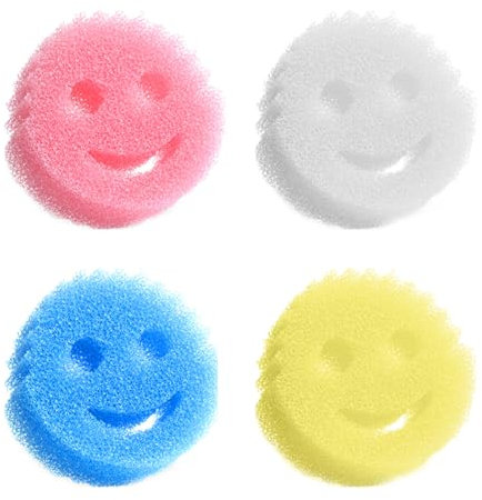 XPEX Esponjas de cocina de 4 piezas Esponjas abrasivas de cocina de doble cara, productos de cocina alternativos a los paños que no rayan, esponja de cara sonriente para fregadero, baño y ducha