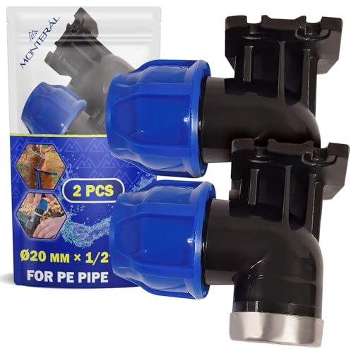 2 Piezas Racor Ø 20 mm x 1/2″ de Codo 90° con Soporte de Pared y Rosca Hembra Reforzada con Anillo de Acero Galvanizado de Polipropileno PP para Conectar Tubo Polietileno PE - MONTERAL