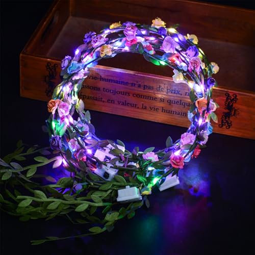10 Pcs Leuchtender Haarkranz Blumen,Blumenhaarband LED,LED Blumenkranz Haare,LED Blumenkranz Stirnband,Garland Stirnband Kinder,Haarband mit Blumen Madchen,Blumenstirnband Damen LED