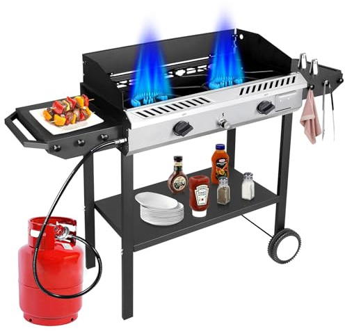 Bestfire 2 Burner Propane Stove Outdoor Camping Gas Stoves 150,000 BTU Auto Ignition with Regulator and Side Shelves Perfect for Patio Home Cooking and Frying
