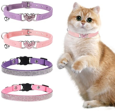 4 Stück Bling Heart Katzenhalsband mit Glocke, Strass Haustierhalsband für kleine Katzen und Hunde, Verstellbares Kätzchenhalsband mit Sicherheitsgurt für alle Hauskatzen