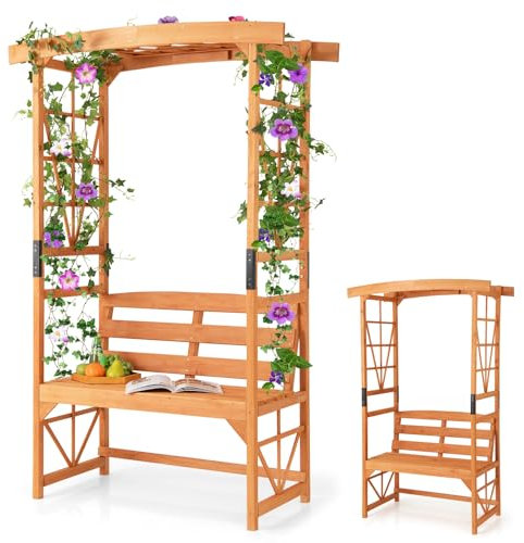 RELAX4LIFE Panchina da Esterno con Arco da Giardino per Piante Rampicanti e Rose, Panchina a 2 Posti in Legno, Pergolato per Balcone e Terrazzo (120 x 58 x 189 cm)