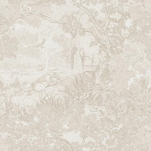 Heroad Peel and Stick Wallpaper Beige Neutral Vintage Forest Animals Floral Wallpaper Removable Self-Adhesive Contact Paper for Bedroom Living Room Cabinets Decoration Thicken Vinyl 17.3''x78.7''