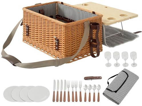 Outsunny Panier Pique-Nique en Osier 4 Personnes avec Table à vin en pin, Panier de Pique-Nique avec Sangle Ajustable pour extérieur, Camping, fête, Anniversaire, Noël, Marron Clair