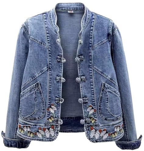 Generisch Manteau de transition pour femme - Veste courte brodée en jean - Manteau basique - Manteau de matin pour femme