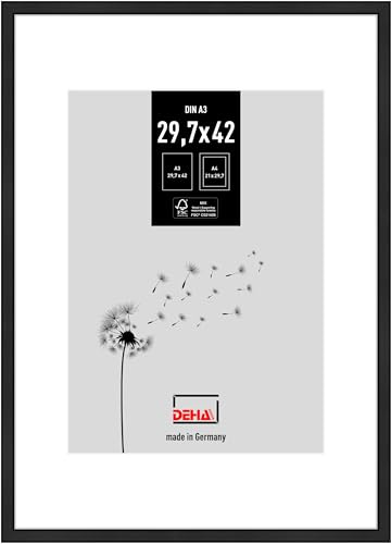 DEHA Design Boston Aluminium Picture Frame - Matt Black - A3, 29.7x42cm with White Mount to fit A4, 21x29.7cm Photo - with Float Glass and Push/Turn Clips
