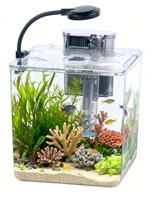 5L Starter Fish Tank Kit, 18 * 18 * 18CM Mini Plastic Aquarium with LED Light & USB Filter, DIY Aquascape for Small Betta Fish