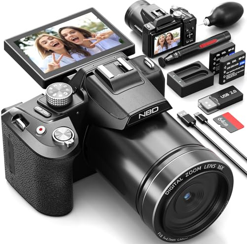 NBD 8K Digitalkamera 64MP mit Autofokus & 16X Zoom, F1.8 Nachtsicht, WiFi – Leichtes 500g Vlogging Kit inkl. 64GB Karte + 2 Akkus (Schwarz)