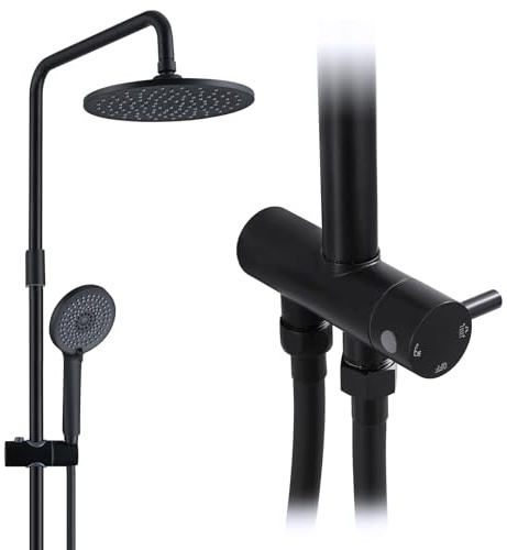 HOMELODY Regendusche Duschsystem ohne Armatur, Schwarz Handbrause mit 4 Funktionen, Edelstahl Duschset mit Kopfbrause Rund, Duschstange SUS304