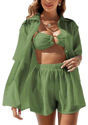 Rayson Traje Verano de Mujer 2 Piezas Casual Conjuntos Camisa de Manga Corta y Pantalones Cortos Ropa de Playa(Verde,M)