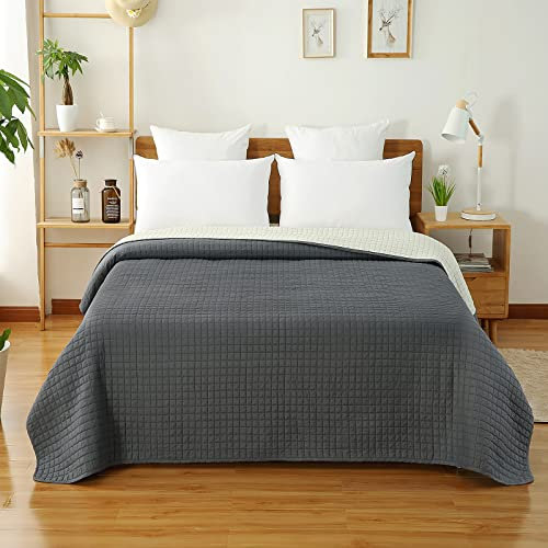 WOLTU Colcha para Cama Colcha Manta Multiuso Edredón de Patchwork, diseño Reversible a Cuadros, edredón Acolchado y Cama Doble 240x260 cm Gris Oscuro + Crema