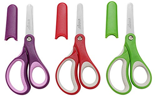 LIVINGO Tijeras para niños de 12,7 cm, para zurdos y diestros, tijeras de seguridad de hoja de acero inoxidable afiladas, para niños, escuela, profesores, manualidades, papel de corte, paquete de 3