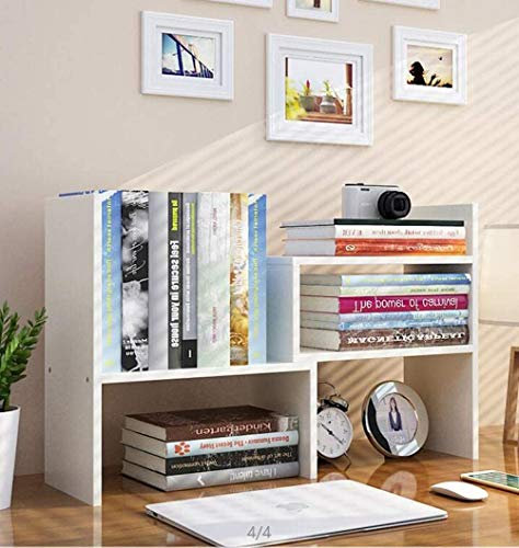Wood Adjustable Small Desktop Bookshelf, Expandable Desktop Storage Organizer, Freestanding Bookcase, Desktop Display Shelf Rack, Office Supplies Desk Organizer,White