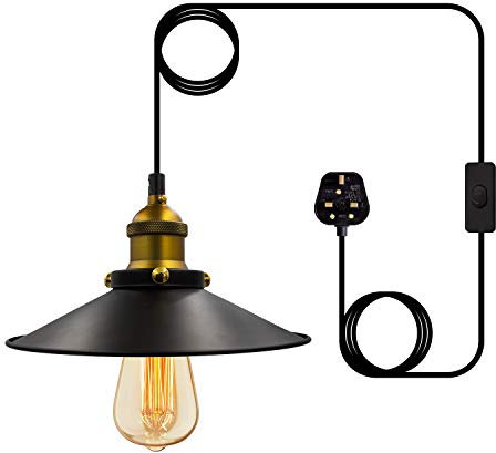 Bronze Industrial Plug in Pendant Lighting, 4.5M Adjustable Vintage Plug in Ceiling Light, Retro Brass Lampshade Hanging Lamp with Switch, E27 Black Pendant Light Fitting, E26 Bulb Holder for Home