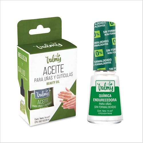 Valmy Pack de traitement renforcé pour les ongles et les cucules. Produit chimique durcissant sans formaldéhyde + huile Après-shampoing de cucules. (14 ml c/u)