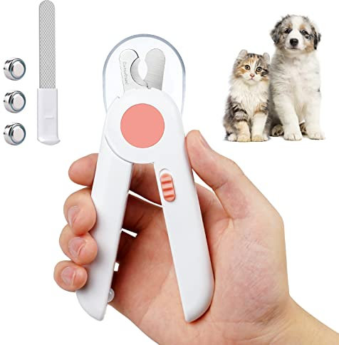 vsshe Nagelknipser mit Led-Licht für Hunde Katzen, 2-in-1 Krallenschere und Hundenagelschleifer mit Nagelfeile und Spritzfest Schutzvorrichtung für Hunde Katzen Kaninchen und Weitere Haustiere -Rosa