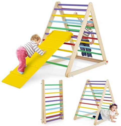 COSTWAY Escalera de Madera Triangular, Escalera Plegable con Rampa para Escalar y Deslizar, Escalera de Interior con Estructura Triangular para Casa Guardería para Niños y Niñas (Multicolor)