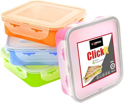 Scorpeon 4-Pack 600ml Meal Prep Containers – BPA-Free & Leakproof – Microwave, Freezer, Dishwasher Safe – Airtight Food Storage for Sandwiches, Snacks, School Lunches – Assorted Colours