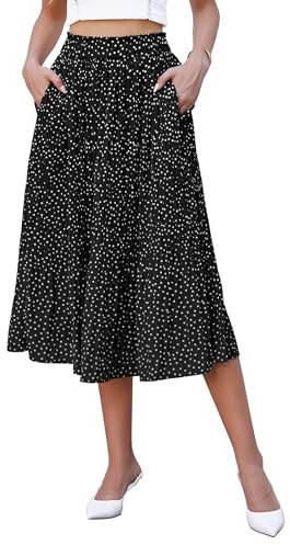 Hotouch Señoras Falda Larga Gasa Lunares Falda Midi Cintura Elástica-Falda Plisada Verano Elegante Negra con Bolsillos Talla L