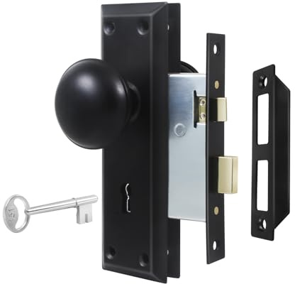 Newliplace Mortise Lock Set for Interior Door, Vintage Old Door Knobs with Lock and Skeleton Key, Antique Door Knobs Matte Black Finish
