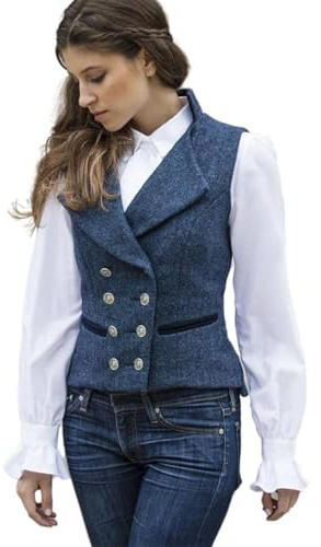 CAMDOM Gilet de travail vintage des années 50 en tweed pour femme - Coupe ajustée - Col en V - Double boutonnage avec poches - Blazers sans manches
