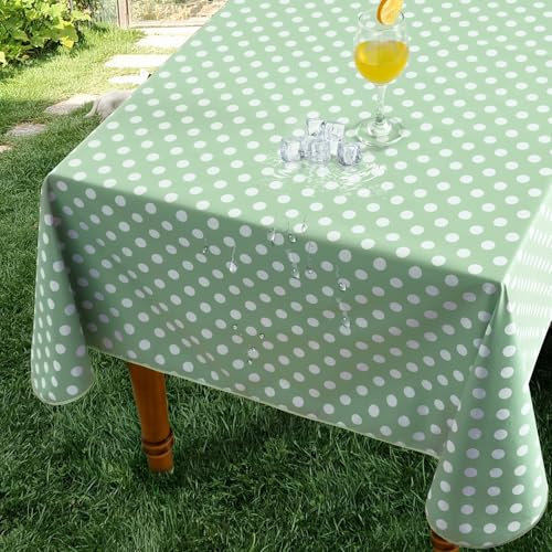 Romanstile wipe clean Table Cloth PVC Sage Green Polka Dot Waterproof Tablecloth Outdoor,Vinly table cloths rectangular Oil Cloth,Birthday Party Kitchen Children Garden Spring Summer Picnic,55x78 inch