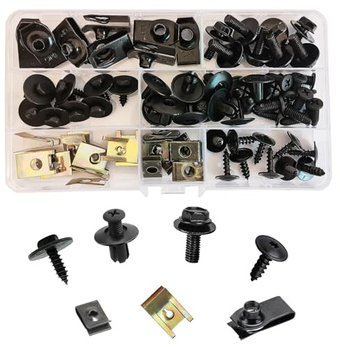 64 Pcs Car Screws And Nut Clip Kit Metal U-Type Fastener Clip Auto Body Fender Screws Car Panel Clips & Plastic Screws Kit Car Body Undertray Fender Screws Suitable For Most Car Repairs