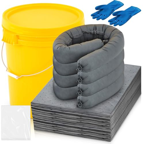 DoubleFill 41 Pcs Universal Spill Kit Portable Complete 9-Gallon Spill Kit, Absorbs Oils Water and More, Yellow Bucket, 30 Absorbent Pads, 4 Pcs 3 x 4' Sorbent Socks, 5 Disposal Bags, PVC Gloves