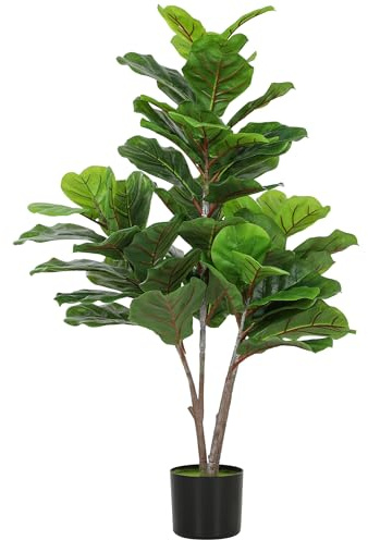 HOMCOM Künstliche Geigen-Feigenbaum 110cm Kunstpflanze, Plastik Künstliche Pflanzen im Topf, Kunstbaum Fake Plant wie echt für Wohnzimmer Schlafzimmer Büro Garten Moderne Dekoration Geschenk