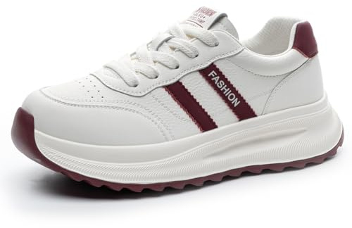 MiaZane Sneakers Donna con Tacco a Cuneo Lacci Punta Tonda Scarpe Sportive Atletiche Comode Scarpe da Passeggio Casual Moda per Uscite Leggero,White Red,40 EU