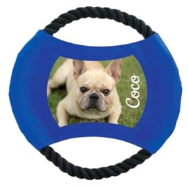 DEREGALOOS Frisbee Perro Personalizado con Nombre o Foto. Disco Volador de Cuerda Resistente para Mascotas. Juguete Interactivo en 3 Colores. Regalo Original para Dueños (Azul - Imagen)
