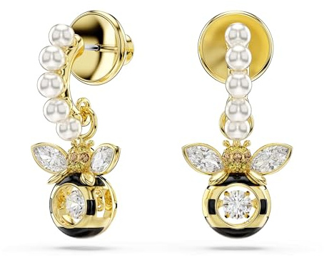 Swarovski Idyllia drop earrings, Crystal pearl, Mixed cuts, Bee, Multicolored, Gold-tone plated