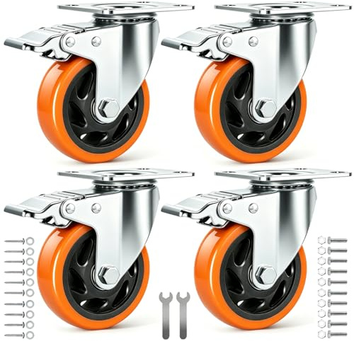 RRIUTO 100mm Roulette Pivotante avec Frein, Lot de 4 Roulettes pour Meubles Jusqu'à 600KG, 360 Degrés Roulettes Charge Lourde avec Double Blocage Polyuréthane Roue de Transport (avec Vis)