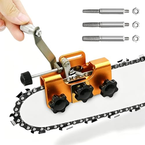 Affûteur Chaîne Tronçonneuse à Manivelle, Affûteuse Portable avec 3 Pierres 4/5/6 mm, Guide d'Angle, Kit d'Affûtage Manuel pour Tronçonneuse