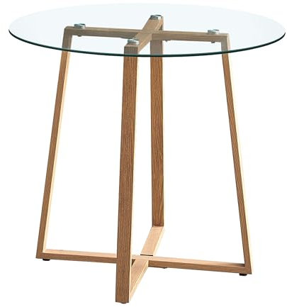 FURNITABLE Esstisch Glas Runder Küchentisch Skandinavisch Couchtisch Klein Tisch Metallbeine Eichenfinish Gummi Untersetzer, HxD: 75 x 80 cm
