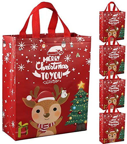 DOJoykey Bolsas navideñas, 5 piezas, bolsas navideñas rojas con asa, bolsas de regalo de tela no tejida, tamaño grande para regalar, entregar, comprar, decorar fiestas