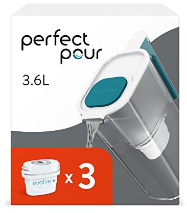 Aqua Optima Perfect Pour Wasserfilterkanne & 3 x 30 Tage Evolve+ Wasserfilterkartusche, 3,6 Liter Fassungsvermögen, zur Reduzierung von Mikroplastik, Chlor, Kalk und Verunreinigungen, Blau