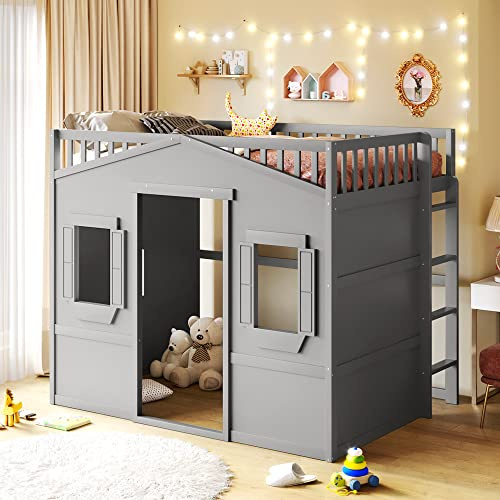 Bellemave Full Size Loft Bed with Play House Shape, Loft Bed Frame with Windows, Entertainment Space and Ladders for Kids, Boys, Girls and Teens, No Spring Needed (Gray)