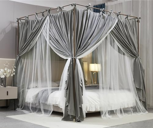 AIOOO Tenda a baldacchino a baldacchino a 4 angoli, a baldacchino, a doppio strato, accogliente, zanzariera in rete e panno, per ragazze e adulti, decorazione per camera da letto (matrimoniale/grigio